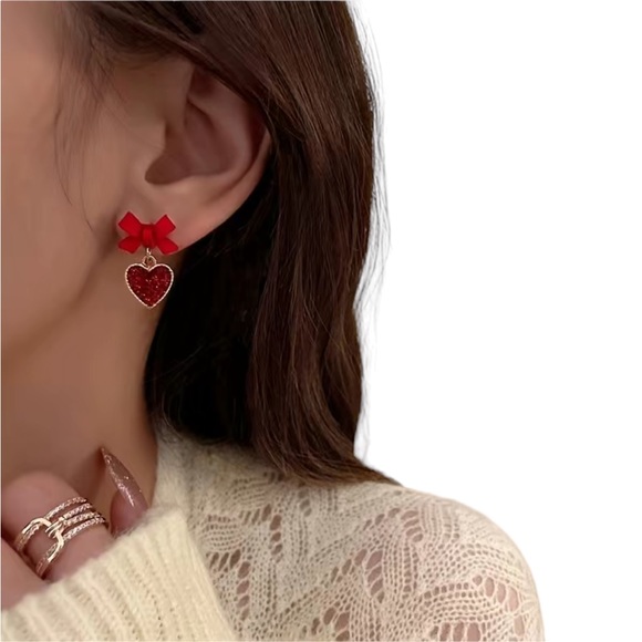 Red and Gold Bowknot Drop Earrings - Picture 5 of 7